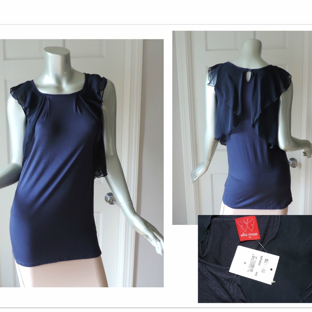 NWT EllaMoss navy blue chiffon overlay slim tunic